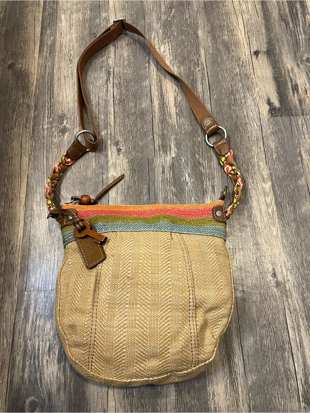 Fossil Vintage Boho Woven Multicolor Crossbody Hobo Bag Braided Strap Wood Key